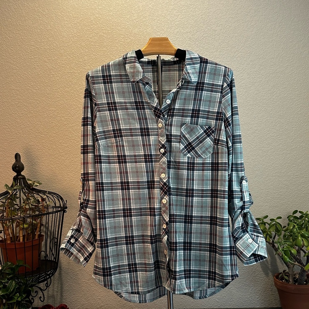 Blue and Black Button Down Shirt with Plaid Pattern